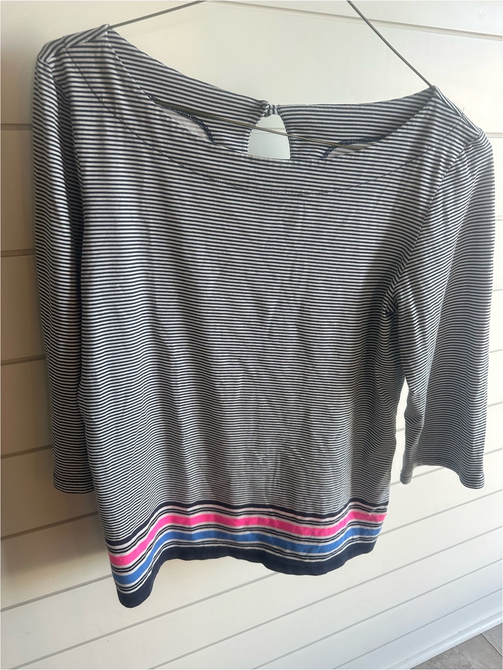 Lilly Pulitzer Navy & White Striped Boatneck Top with Pink & Blue Hem